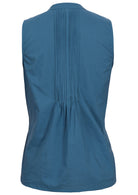 The back view of a blue sleeveless blouse and has a series of vertical pleats down the centre of the back