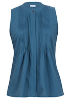 The front view of a blue sleeveless blouse with round neckline and a buttoned mandarin collar