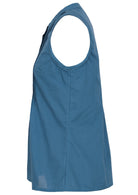 The side view of a blue sleeveless blouse 