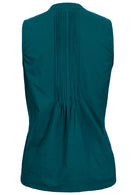 Back view of 100% cotton sleeveless top with mandarin collar and tiny decorative pleats in the centre of the back