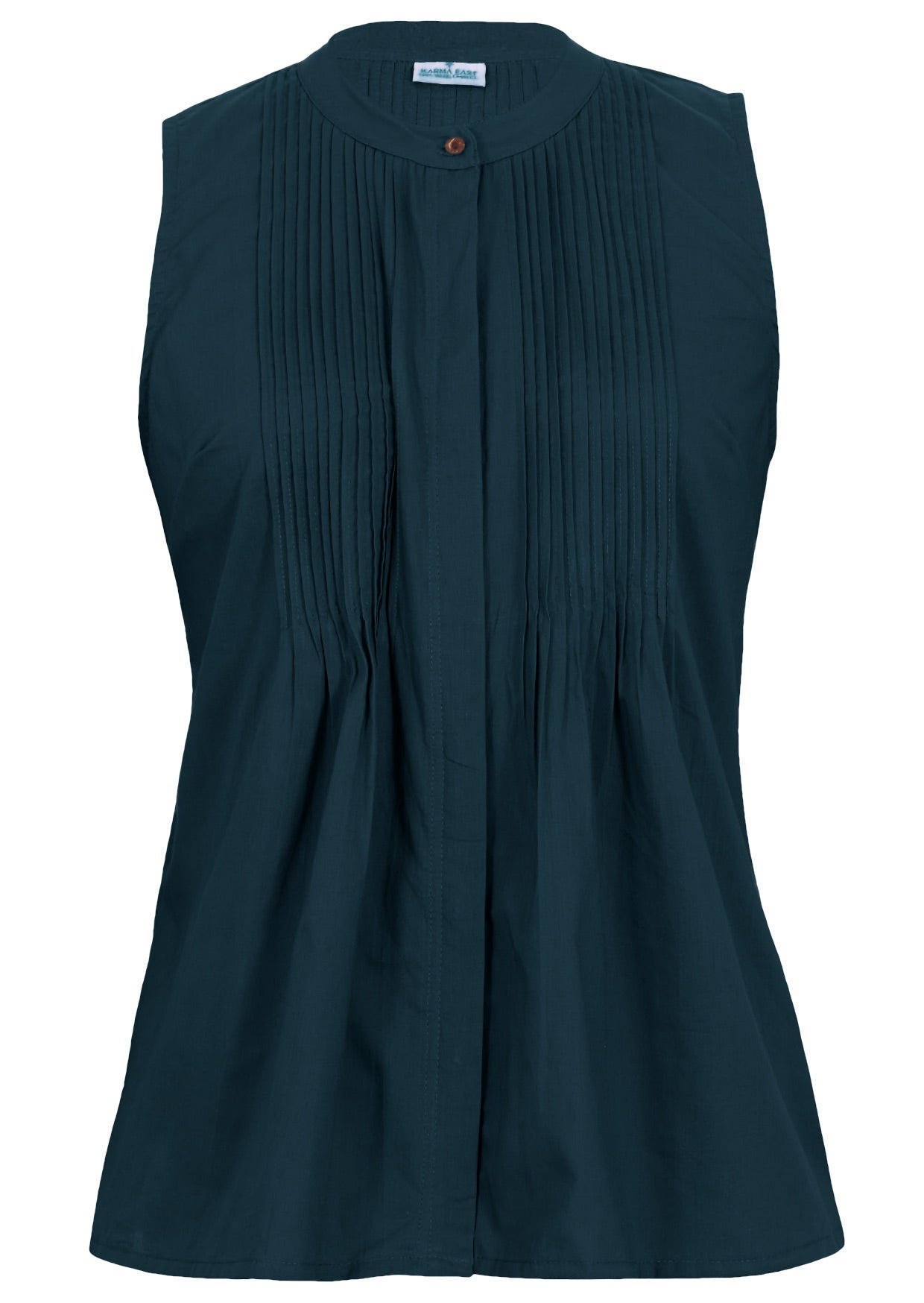 Sleeveless cotton in deep teal top with tiny decorative pleats across bust and buttons