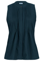 Sleeveless cotton in deep teal top with tiny decorative pleats across bust and buttons