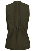 100% cotton sleeveless top in olive green with tiny decorative pleats in center of the back and front 
