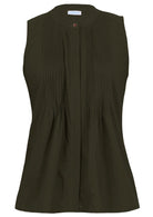Sleeveless 100% cotton top in olive green shade with tiny decorative pleats, mandarin collar and a button 