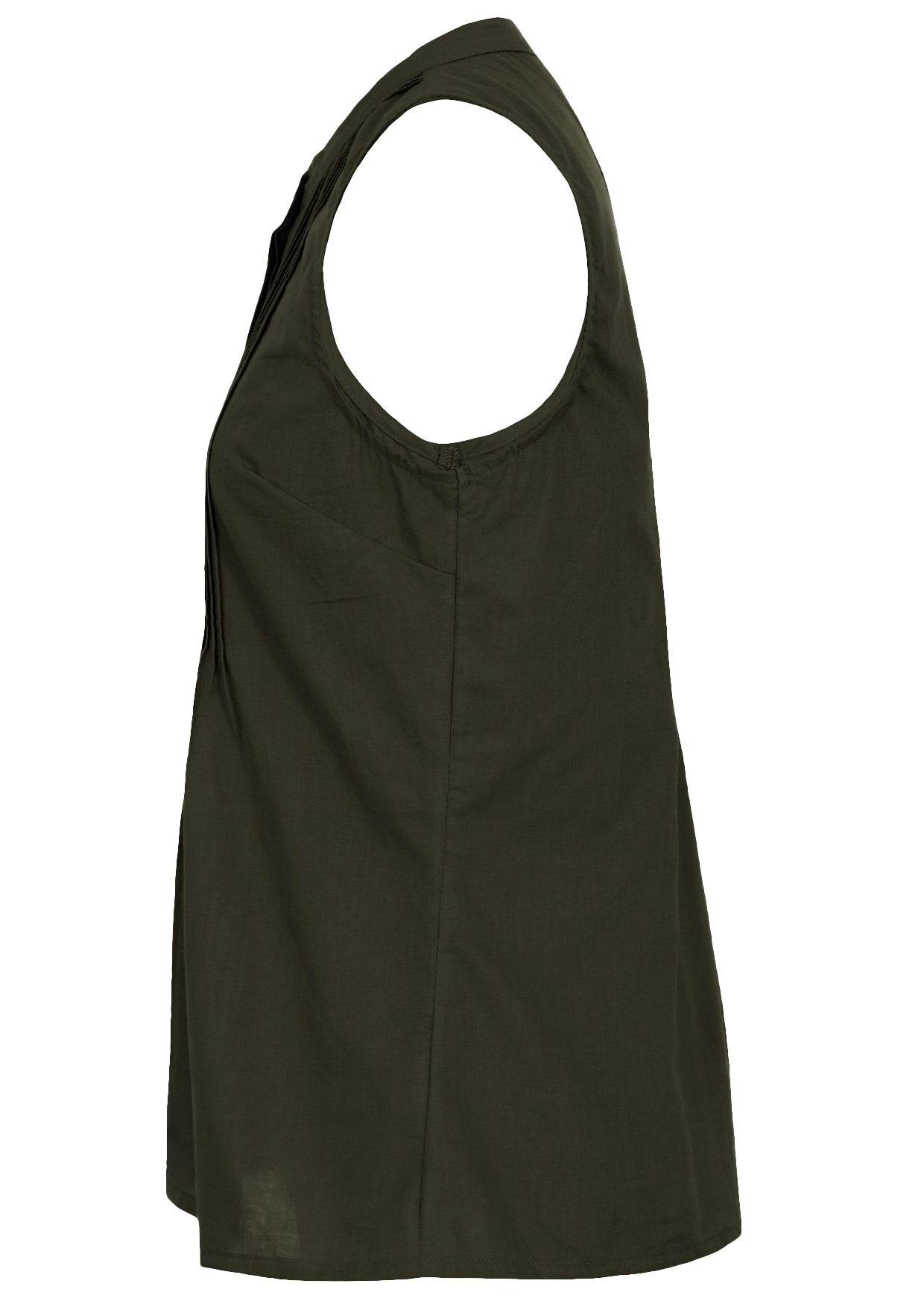 Side view of sleeveless plain green cotton top with high round neckline and flare under the bust 