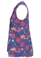 Side view of navy blue 100% cotton sleeveless top with decorative vertical pleats and mandarin buttoned collar