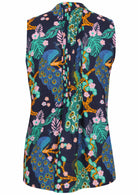 Back view of navy based floral print sleeveless top with flared hem and vertical decorative pleats at the center of the back 