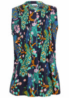Sleeveless navy based floral cotton top with button up collar, vertical small pleats and flared hem