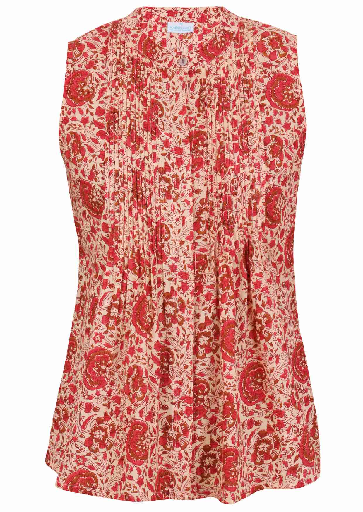 Sleeveless cream based floral cotton top with button up collar, vertical small pleats and flared hem