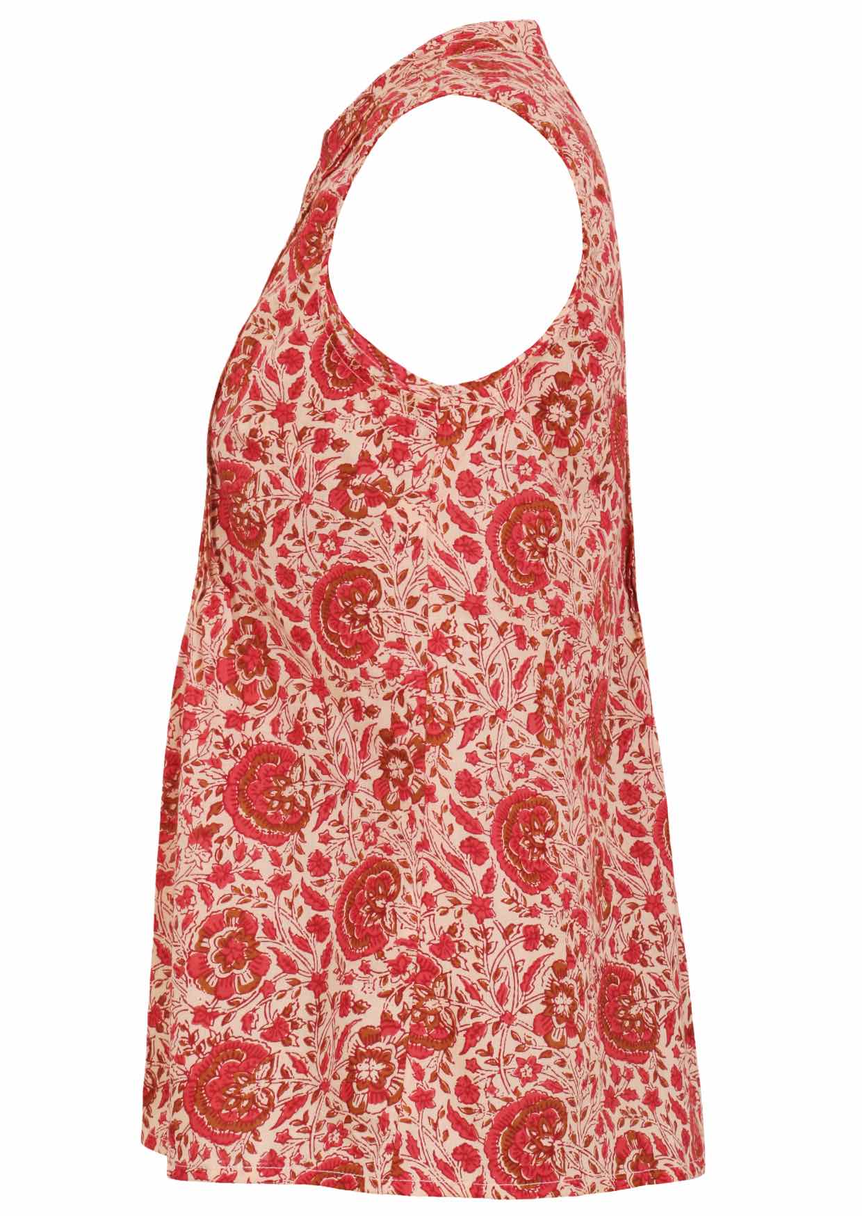 Side view of  100% cotton sleeveless top with decorative vertical pleats and mandarin buttoned collar