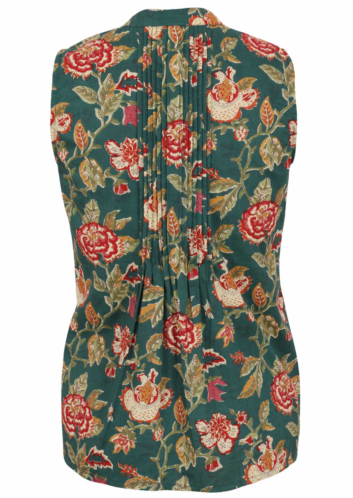 Back view of green based floral print sleeveless top with flared hem and vertical decorative pleats at the center of the back 