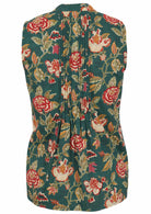 Back view of green based floral print sleeveless top with flared hem and vertical decorative pleats at the center of the back 