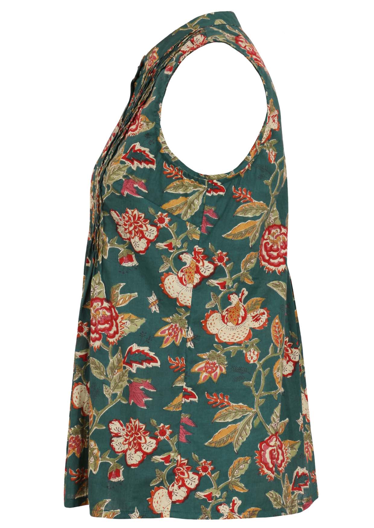 Side view of  100% cotton sleeveless top with decorative vertical pleats and mandarin buttoned collar