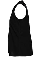 Side mannequin photo of cotton sleeveless top with a high round neckline