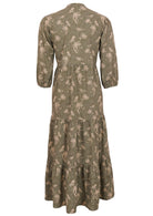 Back mannequin photo of cotton maxi dress with tiered skirt and 3/4 sleeves in pale green based cream floral print