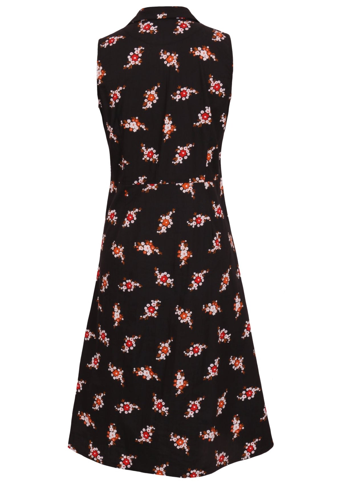 Back view of 100% cotton midi length, sleeveless collared dress with pockets, a-line skirt and button through front