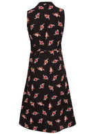 Back view of 100% cotton midi length, sleeveless collared dress with pockets, a-line skirt and button through front