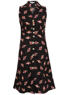 100% cotton sleeveless midi length, button through dress with collar and pockets in black based floral print