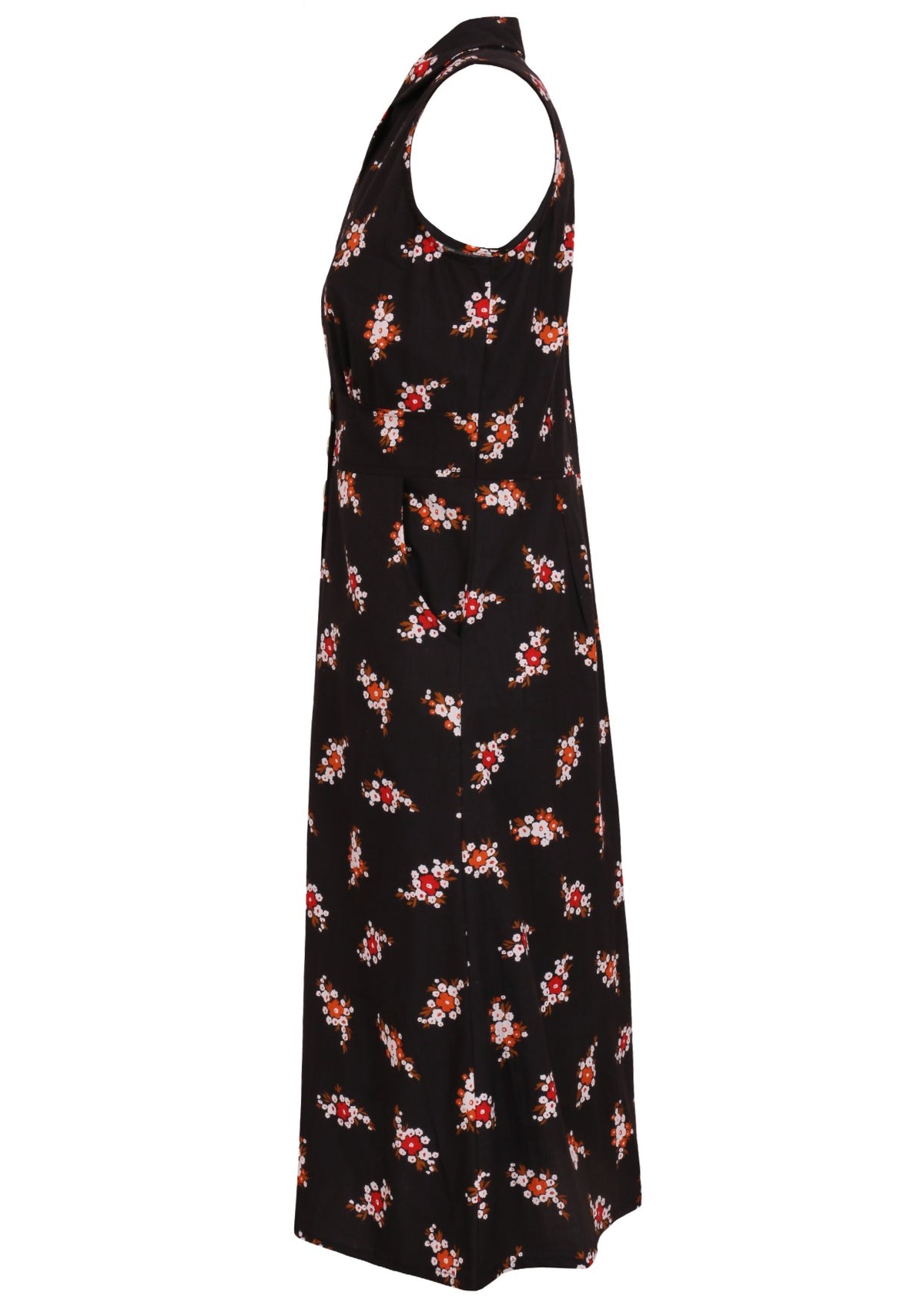 Sleeveless cotton, collared dress with button through front, pockets and gathers under the bust in black based floral print
