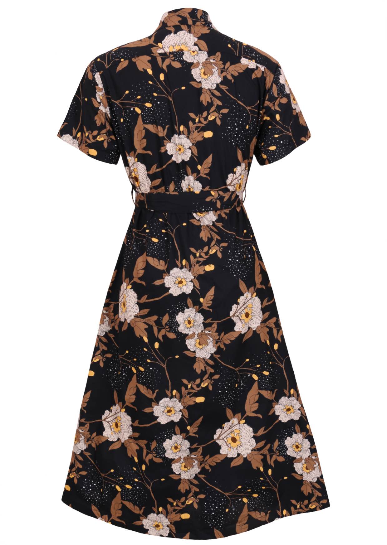 Button through cotton shirt dress with short sleeves, pockets and structured collar