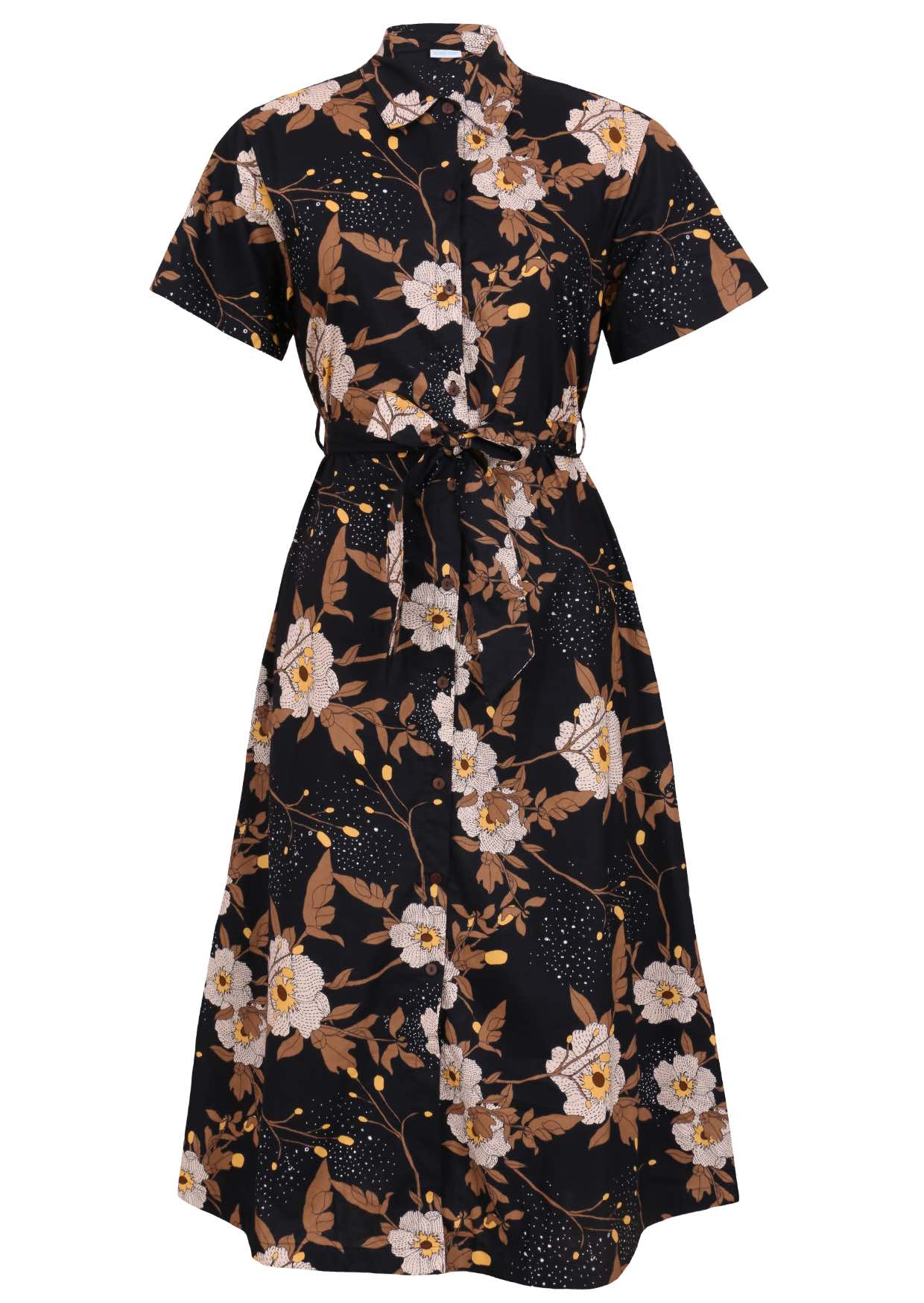 Floral button through shirt style cotton dress with collar, short sleeves and fabric waist tie 