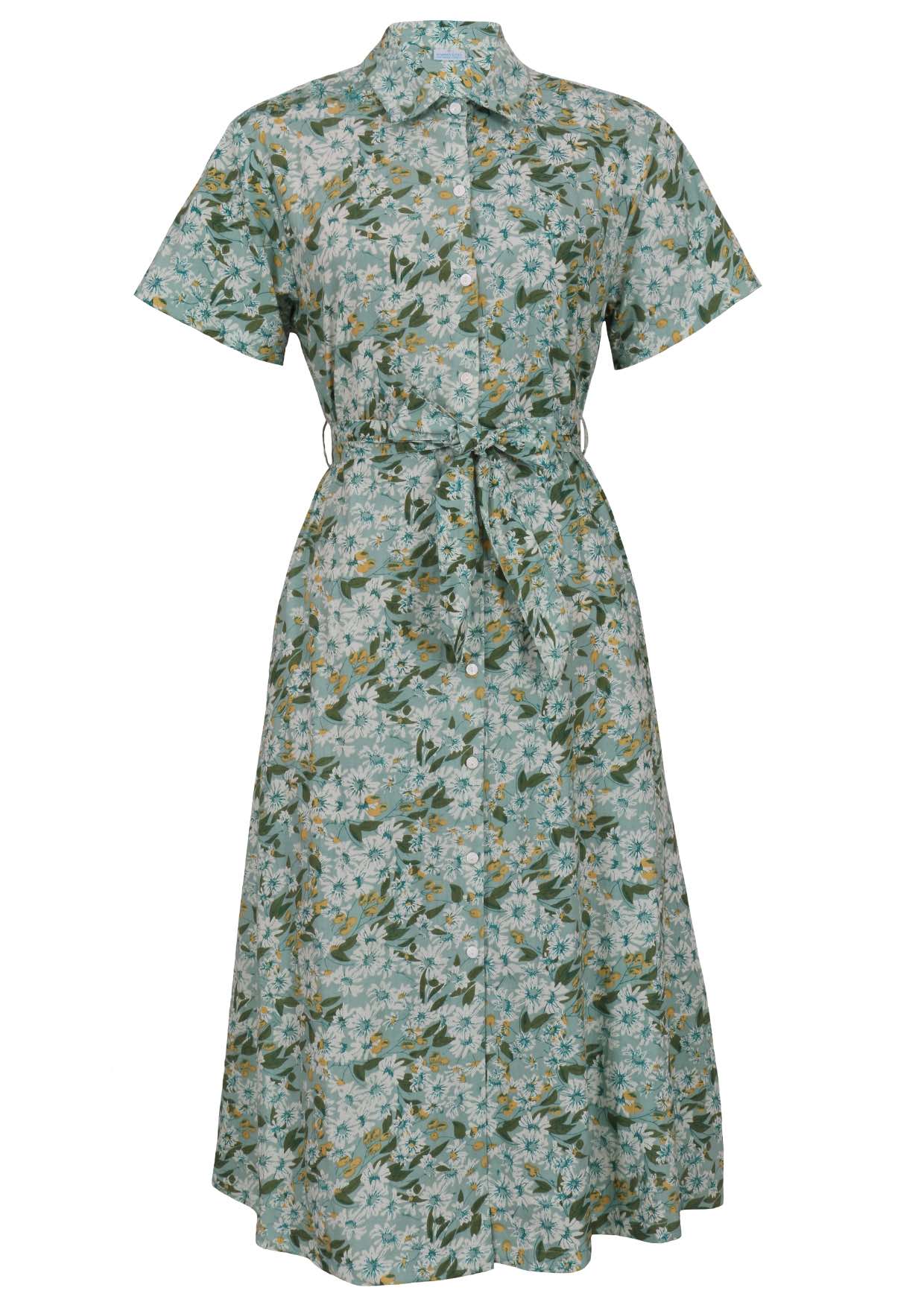 Floral button through shirt style cotton dress with collar, short sleeves and fabric waist tie 