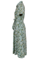 100% cotton shirt style maxi dress with removable fabric waist tie and side pockets in a sage green based floral print