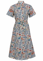Button through shirt style cotton dress with collar, short sleeves and fabric waist tie 