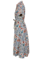 100% cotton shirt style maxi dress with removable fabric waist tie and side pockets in a white based print
