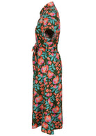 100% cotton shirt style maxi dress with removable fabric waist tie and side pockets in olive green based floral print