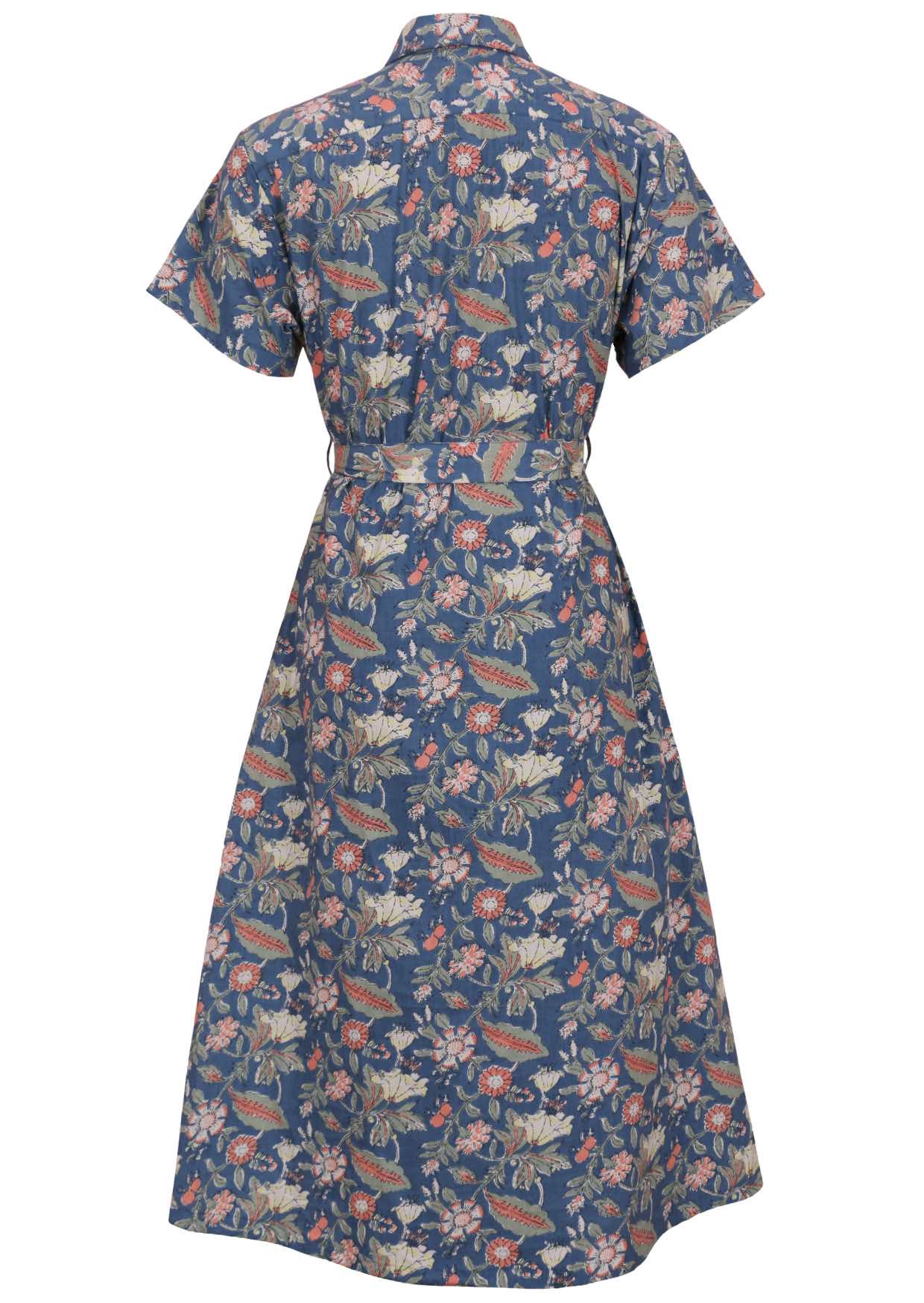 Back view of 100% cotton lightweight button through dress with collar, short sleeves and fabric tie