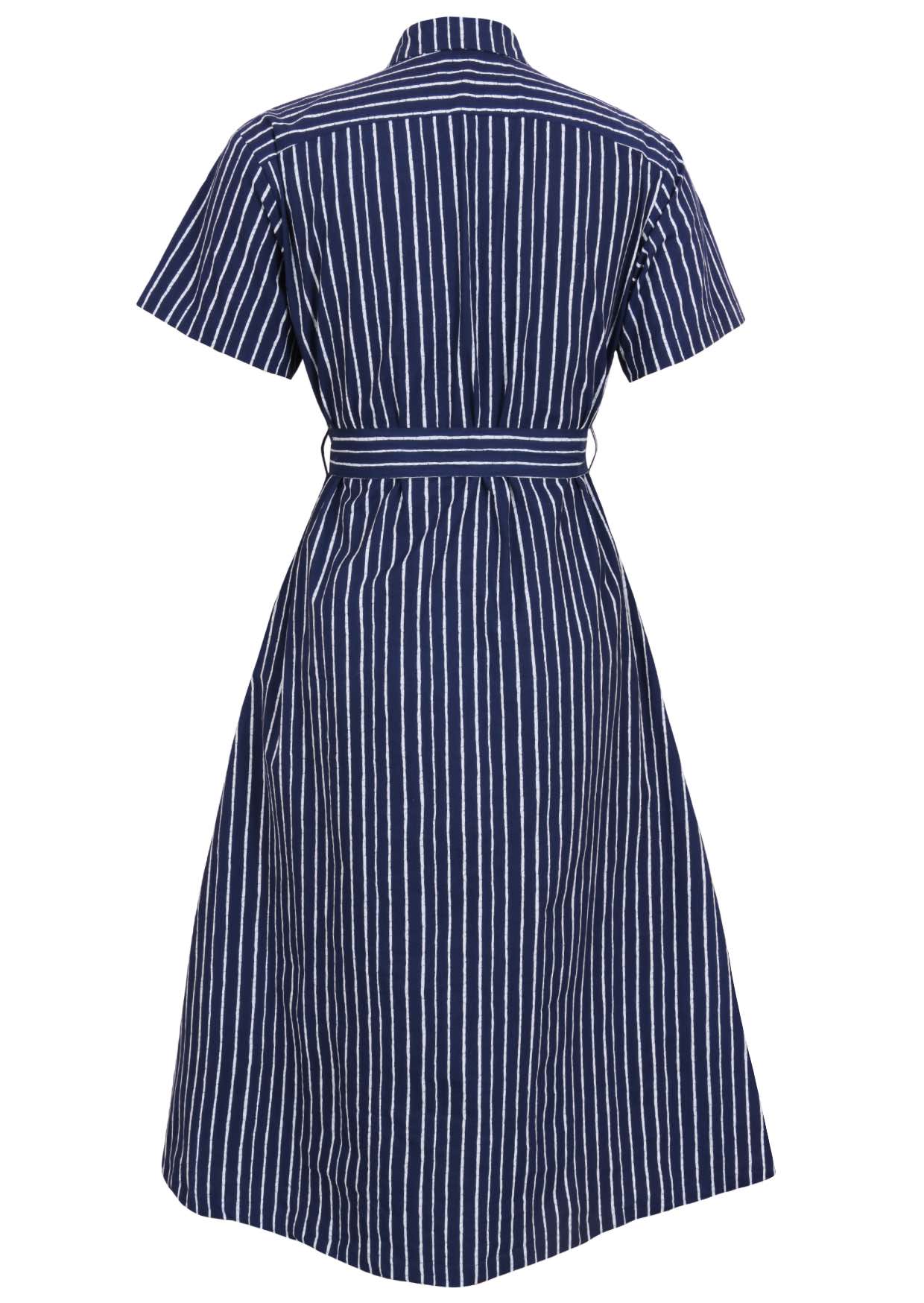 Button through cotton shirt dress with short sleeves, pockets and structured collar