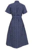 Button through cotton shirt dress with short sleeves, pockets and structured collar