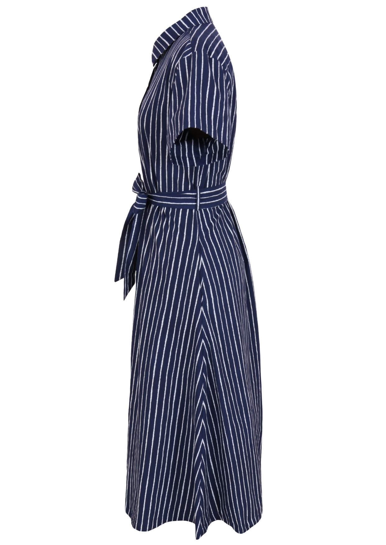 100% cotton shirt style maxi dress with removable fabric waist tie and side pockets in a navy blue based print