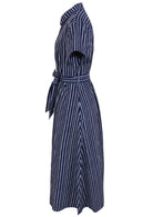 100% cotton shirt style maxi dress with removable fabric waist tie and side pockets in a navy blue based print