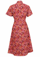 Warm-toned Japanese-style print cotton dress in pink, maroon, brown, peach, and khaki with a removable waist tie.
