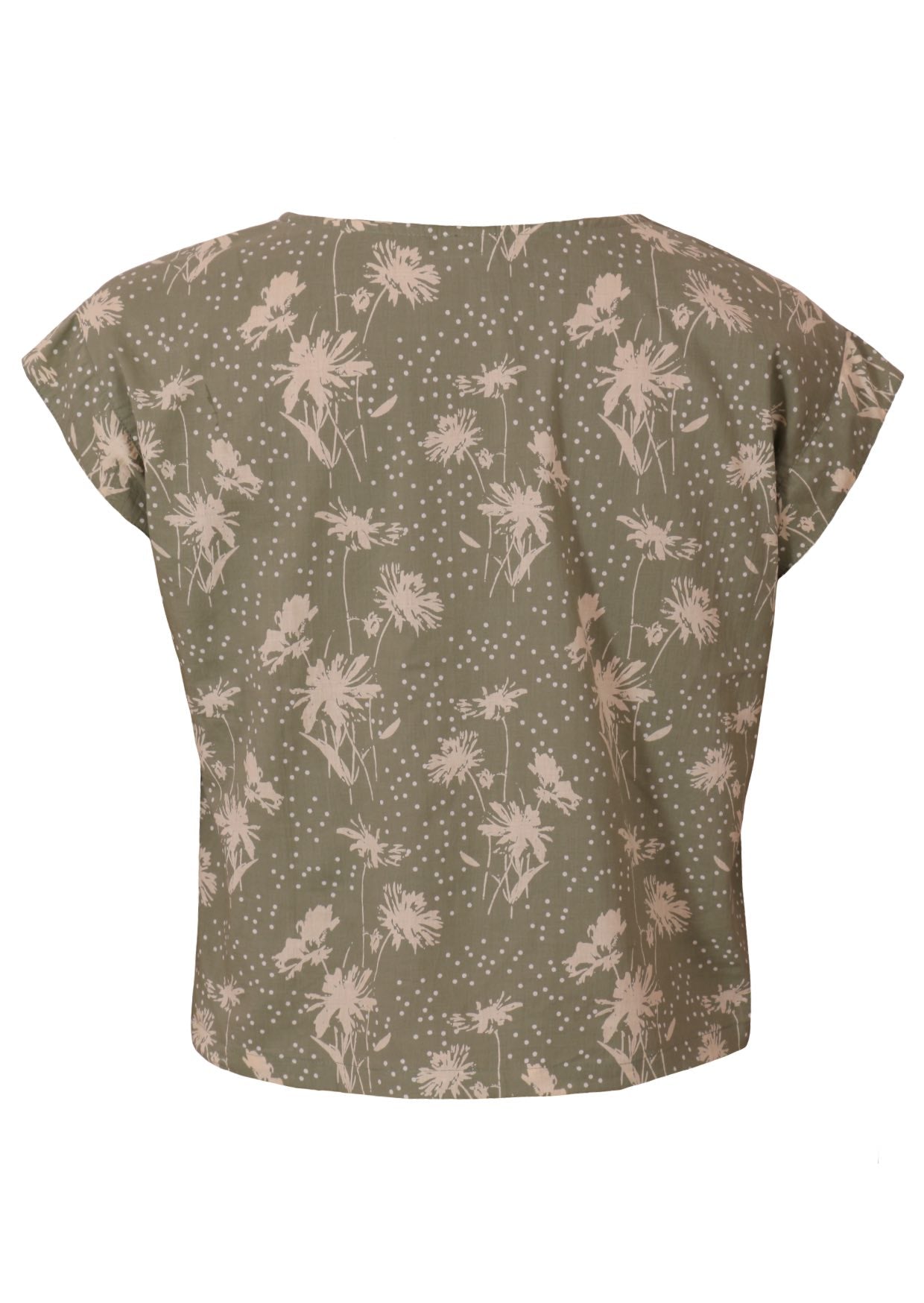 Back mannequin photo of cotton cap sleeve relaxed fit top in pale green based floral print