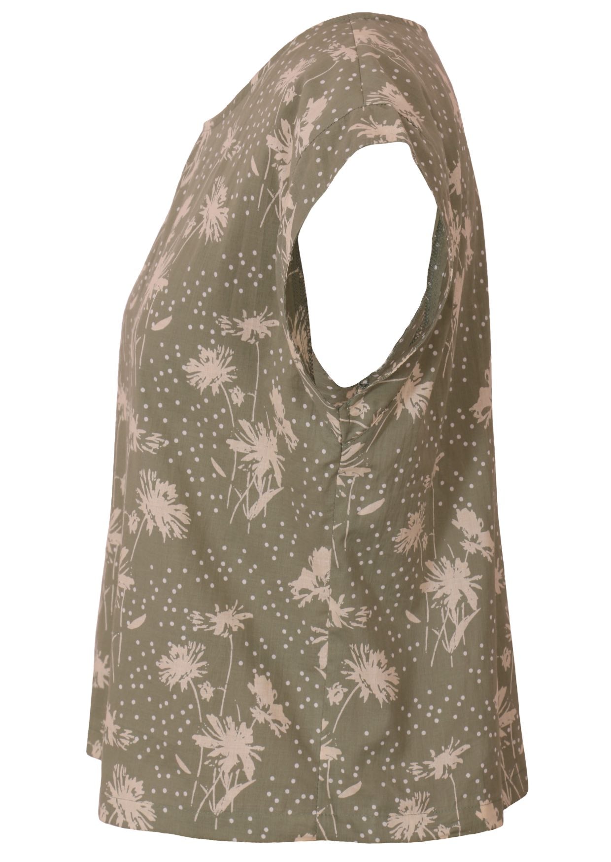 Side mannequin photo of cotton cap sleeve relaxed fit top in pale green based floral print