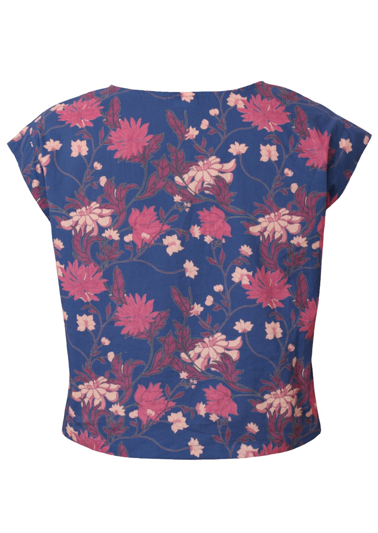 Back view of navy blue floral print top with cap sleeves and high round neckline