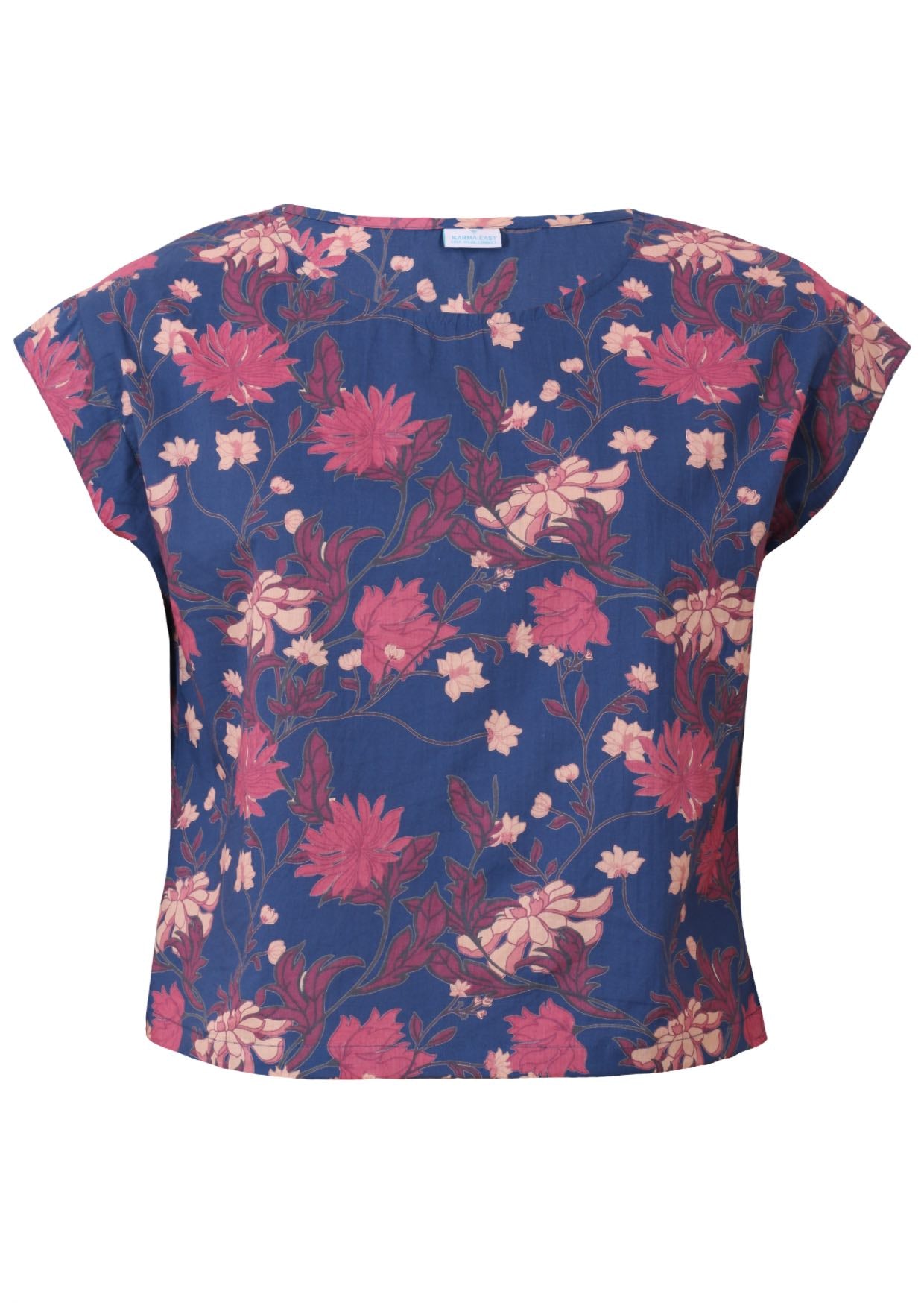 Cotton cap sleeved relaxed fit top with high round neckline in navy blue based pink, plum and grey floral print