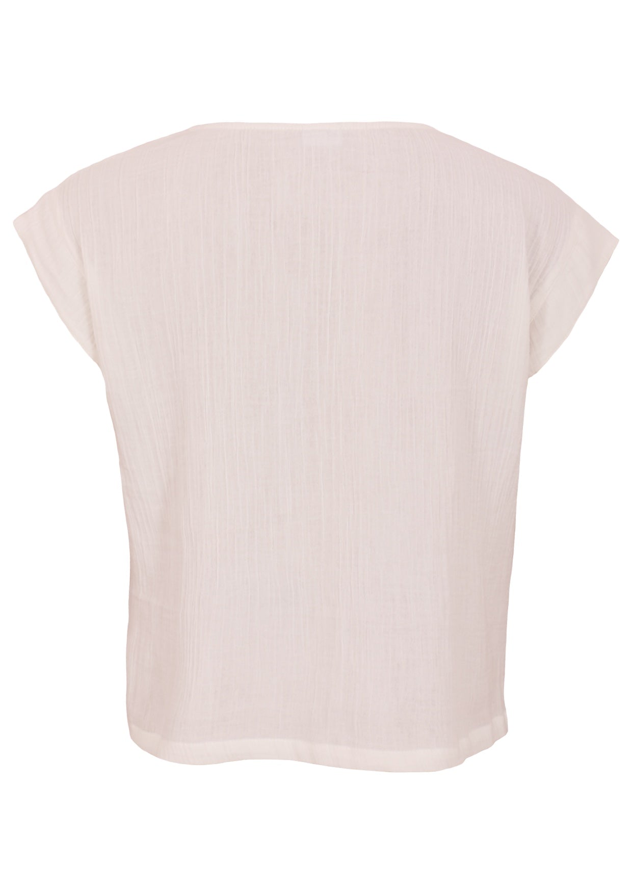 Back mannequin photo of natural white double cotton cap sleeve top with round neckline