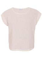 Front mannequin photo of natural white double cotton cap sleeve top with round neckline