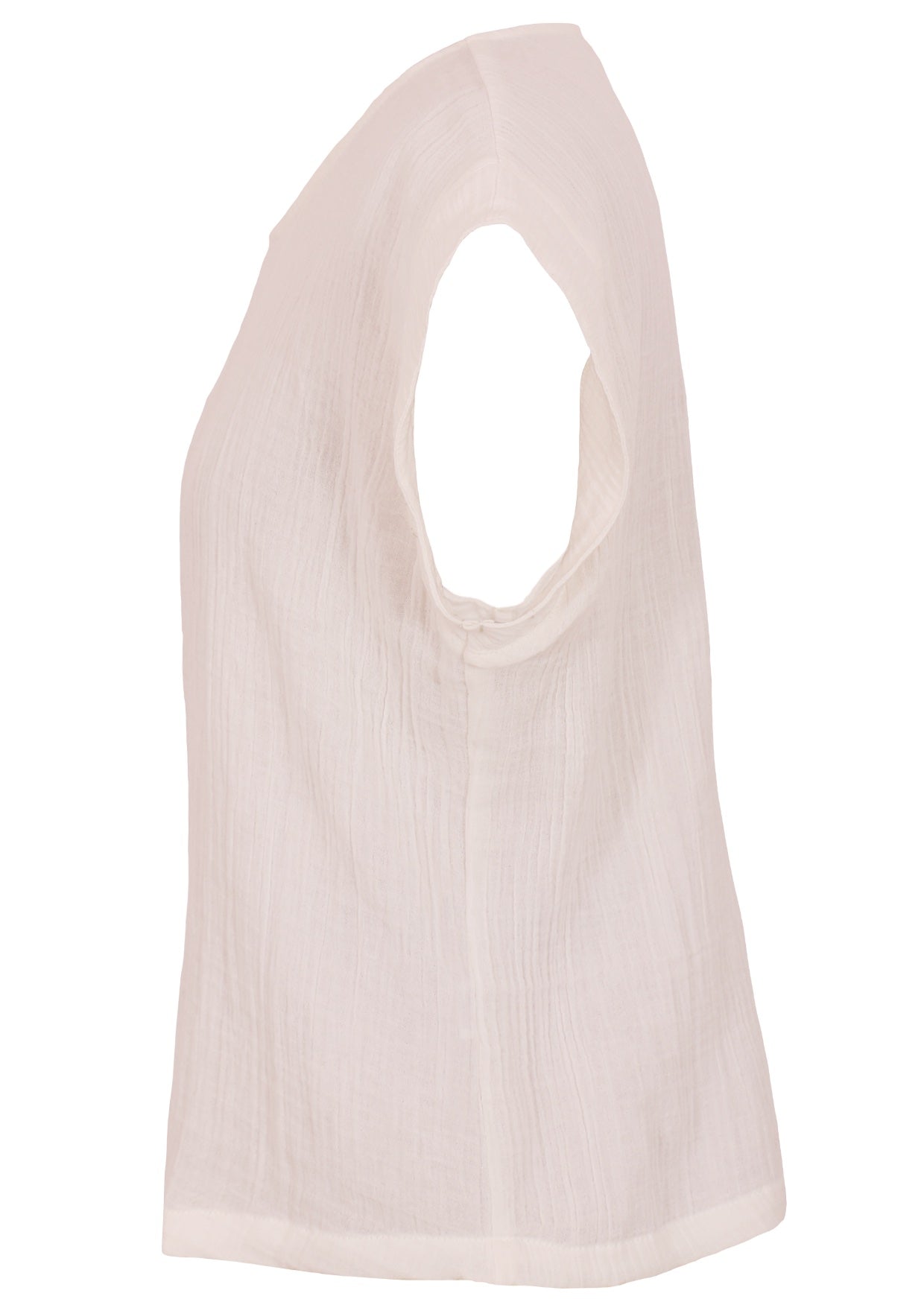 Side mannequin photo of natural white double cotton cap sleeve top with round neckline