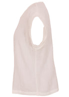 Side mannequin photo of natural white double cotton cap sleeve top with round neckline