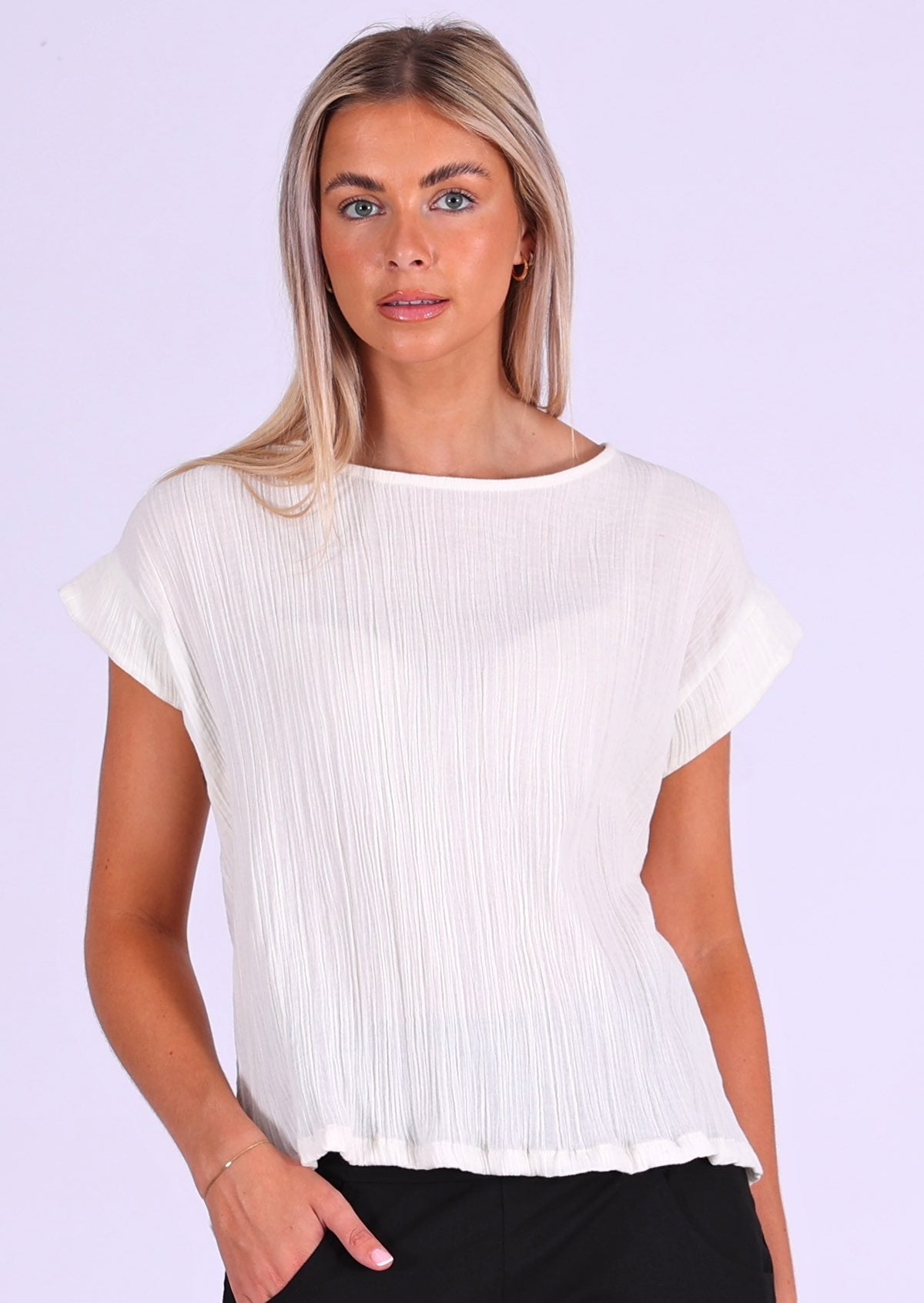 model wearing white pure cotton blouse 