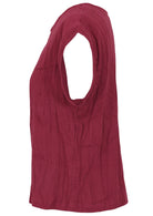 Side mannequin photo of top made from two layers of cotton gauze basted together, in deep red