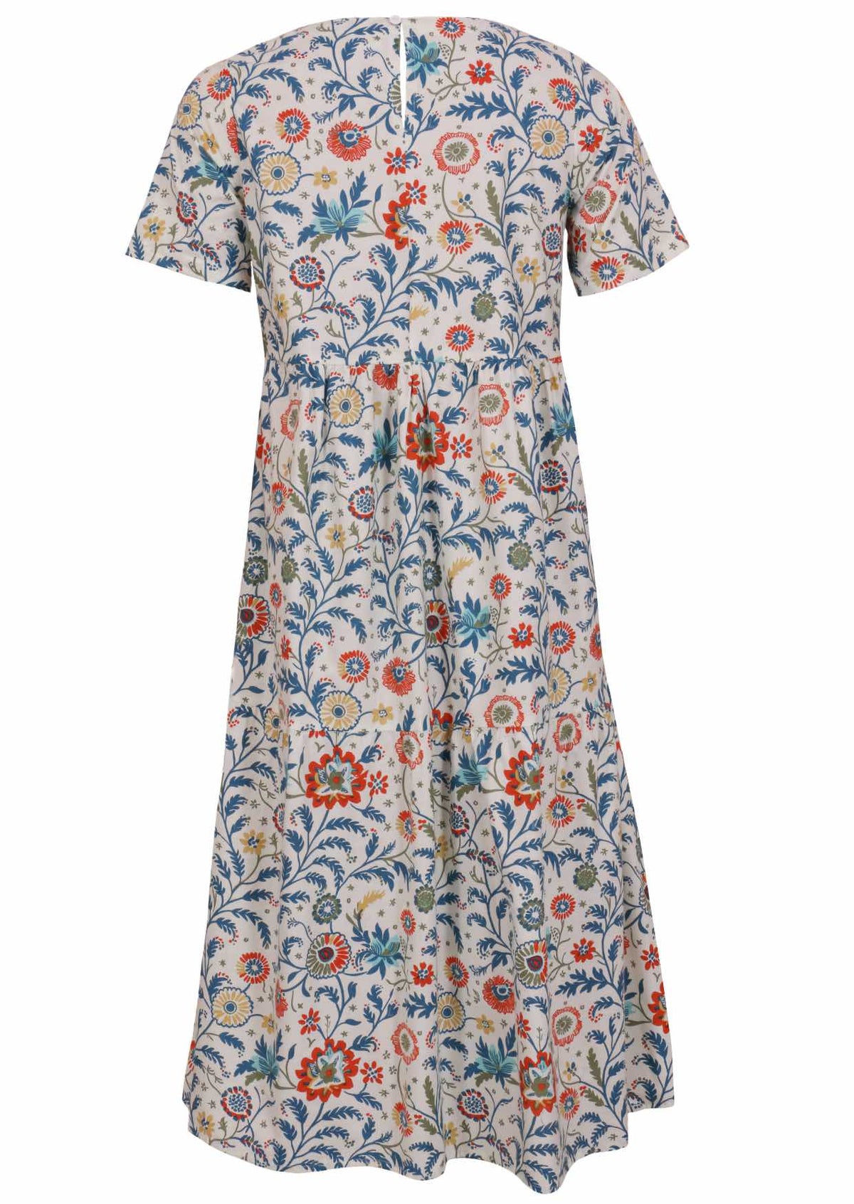 Cotton midi length dress with short sleeves, three tiered skirt and button closure at back of the neck