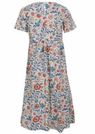 Cotton midi length dress with short sleeves, three tiered skirt and button closure at back of the neck