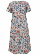 100% cotton midi length dress with short sleeves, high round neckline and three tiered skirt