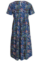 Back mannequin photo of cotton midi length dress with short sleeves, tiered skirt and button closure at nape of neck